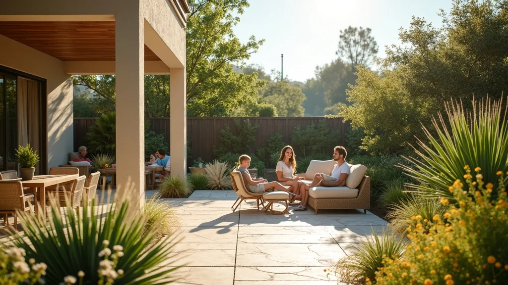 Find the Best Landscape Contractor Near Me Today in San Diego A family of three relaxes on outdoor lounge chairs on a sunny patio, surrounded by green plants and trees. In the background, another group enjoys a meal at a dining table on the same patio.