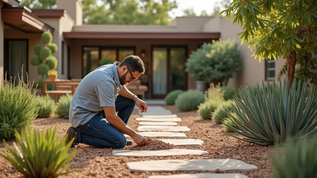 Modern San Diego backyard, local landscaper tending a drought-tolerant Mediterranean garden, succulents and flagstone, landscaping contractor at work, personalized lawn care, clear textures