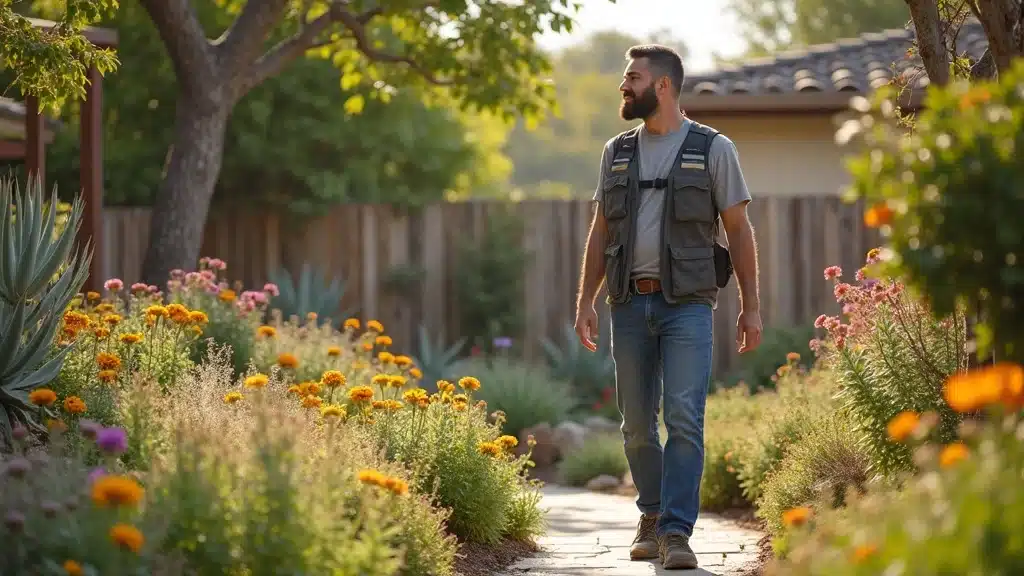 Local San Diego landscape contractor inspecting native succulents and wildflowers in a sunlit garden, providing specialized landscaping services with expert regional knowledge.