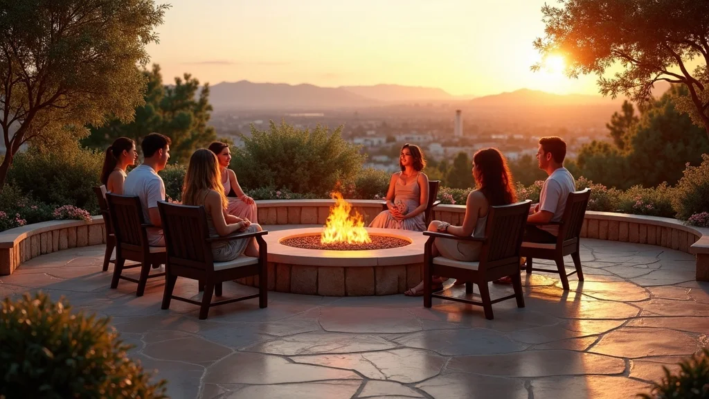 Luxury stone patio with a fire pit built by a hardscape pro landscape contractor in San Diego