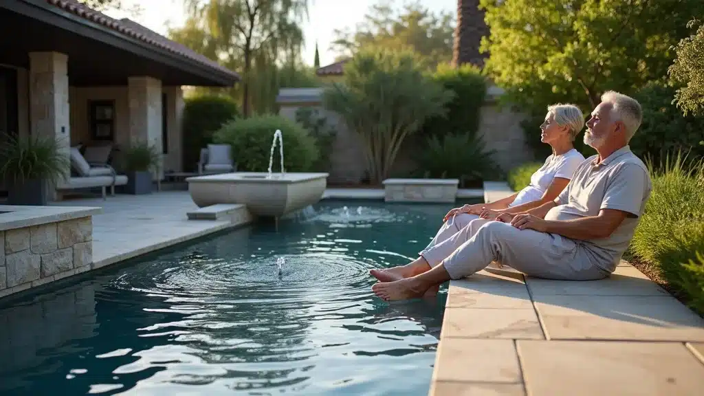 Elegant San Diego patio with water features and Mediterranean plants designed by professional landscape designer