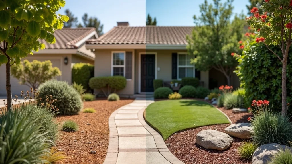 San Diego property before and after landscape renovation by a skilled landscape contractor, showing transition from dry yard to lush garden