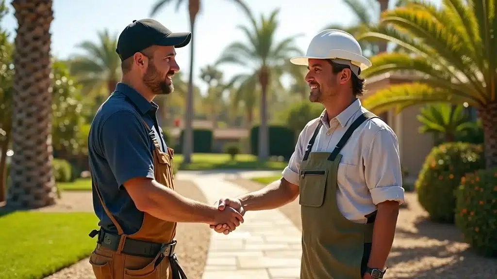 Contemporary San Diego landscape contractor greeting clients in professionally designed landscape