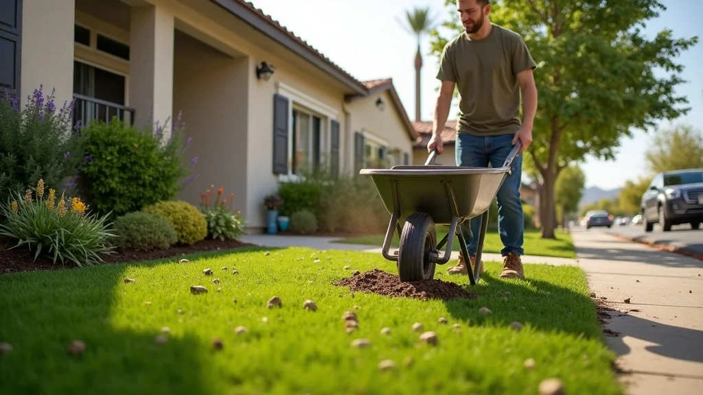 Landscape contractor installing turf and drought-tolerant plants in a modern San Diego front yard