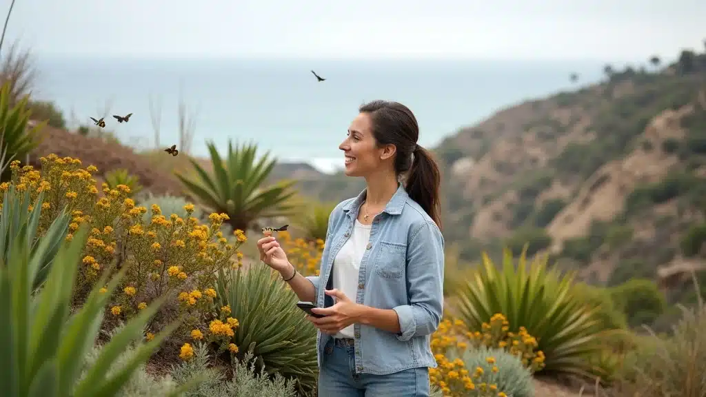 Lush drought-tolerant San Diego landscape professional designer examining native flora with Pacific ocean background