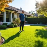 Why Local Landscaping Companies Outperform the Rest in San Diego | Breceda Landscape Why Local Landscaping Companies Outperform the Rest in San Diego A man stands on a well-manicured lawn in a sunny, landscaped backyard with green bushes, trees, and a modern house in the background.