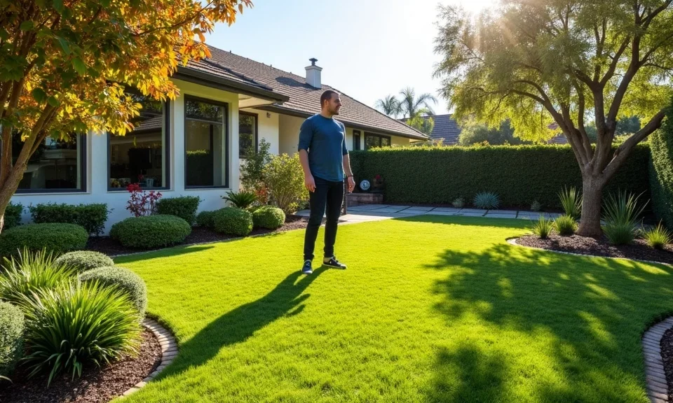 Discover Top Landscape Contractor Services Near You in San Diego | Breceda Landscape Discover Top Landscape Contractor Services Near You in San Diego A man stands on a well-manicured lawn in a sunny, landscaped backyard with green bushes, trees, and a modern house in the background.