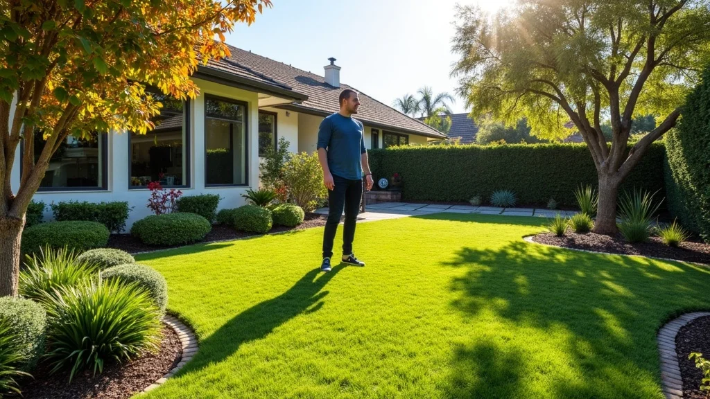 Discover Top Landscape Contractor Services Near You in San Diego A man stands on a well-manicured lawn in a sunny, landscaped backyard with green bushes, trees, and a modern house in the background.