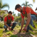 Unlock Stunning Results with Professional Landscape Design in San Diego | Breceda Landscape Unlock Stunning Results with Professional Landscape Design in San Diego Two men wearing orange shirts and aprons kneel in a sunny garden, tending to plants. Palm trees and a house are visible in the background, suggesting a warm, residential setting.