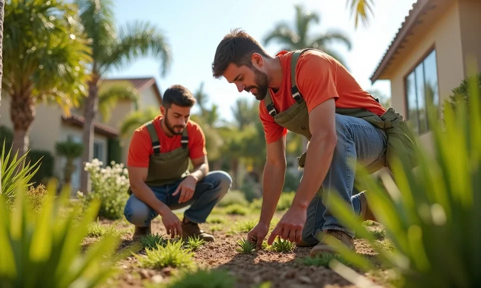 Why Local Landscaping Companies Outperform the Rest in San Diego | Breceda Landscape Why Local Landscaping Companies Outperform the Rest in San Diego Two men wearing orange shirts and aprons kneel in a sunny garden, tending to plants. Palm trees and a house are visible in the background, suggesting a warm, residential setting.