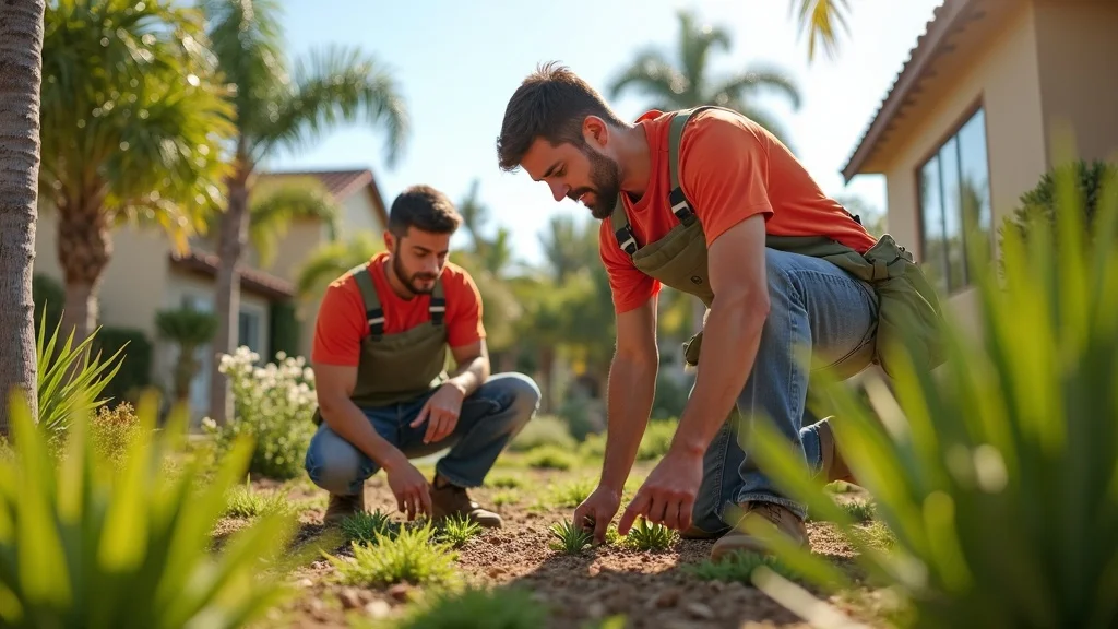 Vibrant local landscaping crew working on a lush San Diego front yard, palm trees and native plants, hands-on planting, Photorealistic, midday sunlight, local landscaping companies