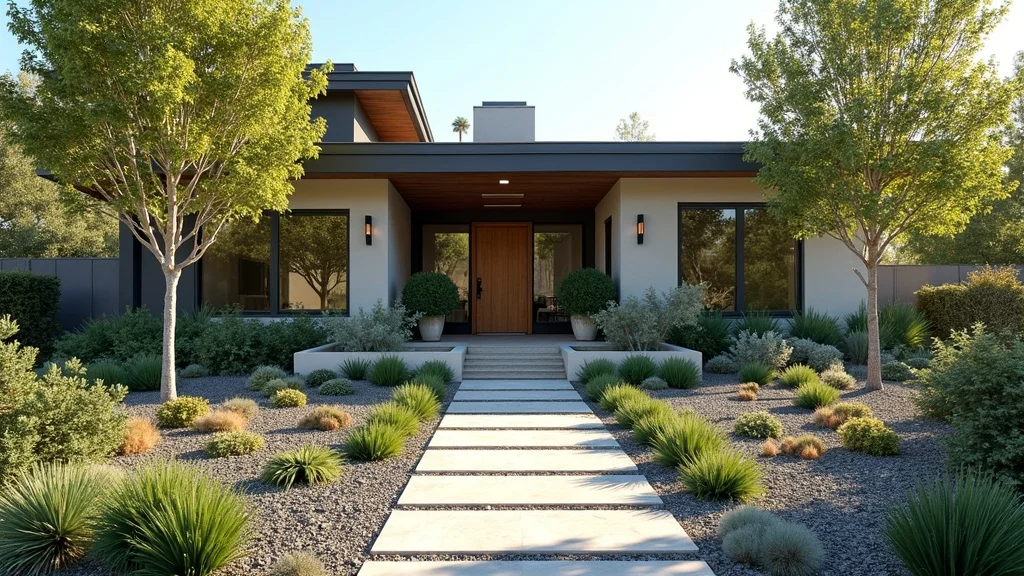 Chic sustainable front yard with water-wise landscaping, modern architectural lines, local landscaping companies showing innovative landscape design in San Diego