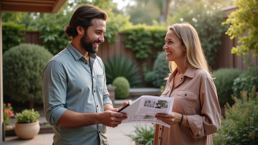 Local landscaper and homeowner in friendly consultation about landscape design plans, cozy San Diego patio with potted plants, local landscaping companies for hire