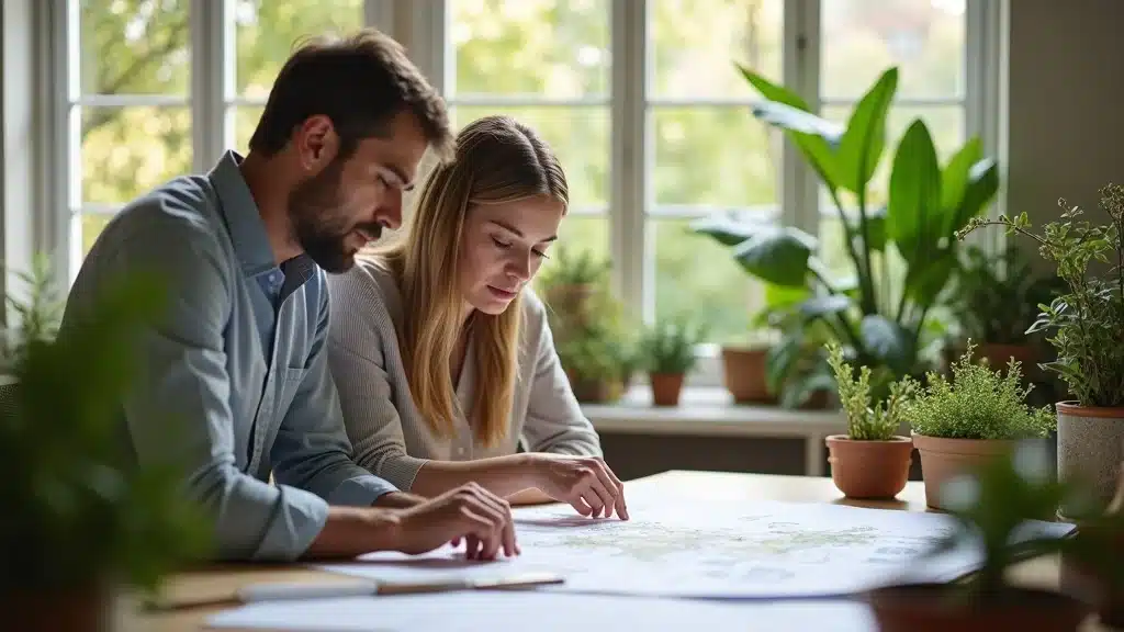Professional landscape design team planning a San Diego yard in a bright office with local native plants, showcasing teamwork and expertise unique to residential landscape contractors.