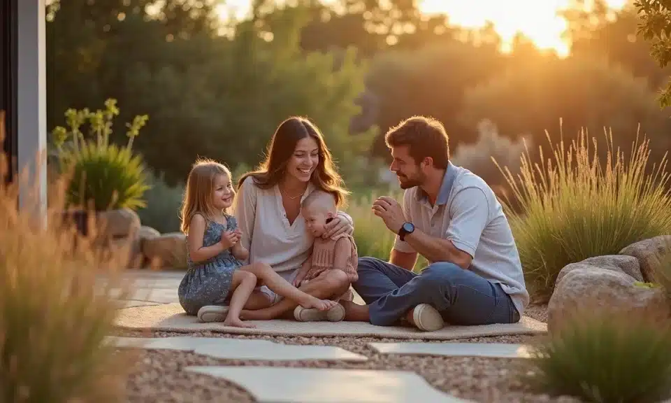 A family of four sits together outdoors at sunset, smiling and laughing. The parents sit on the ground with their two young children surrounded by tall grass, rocks, and warm sunlight in a serene garden setting.