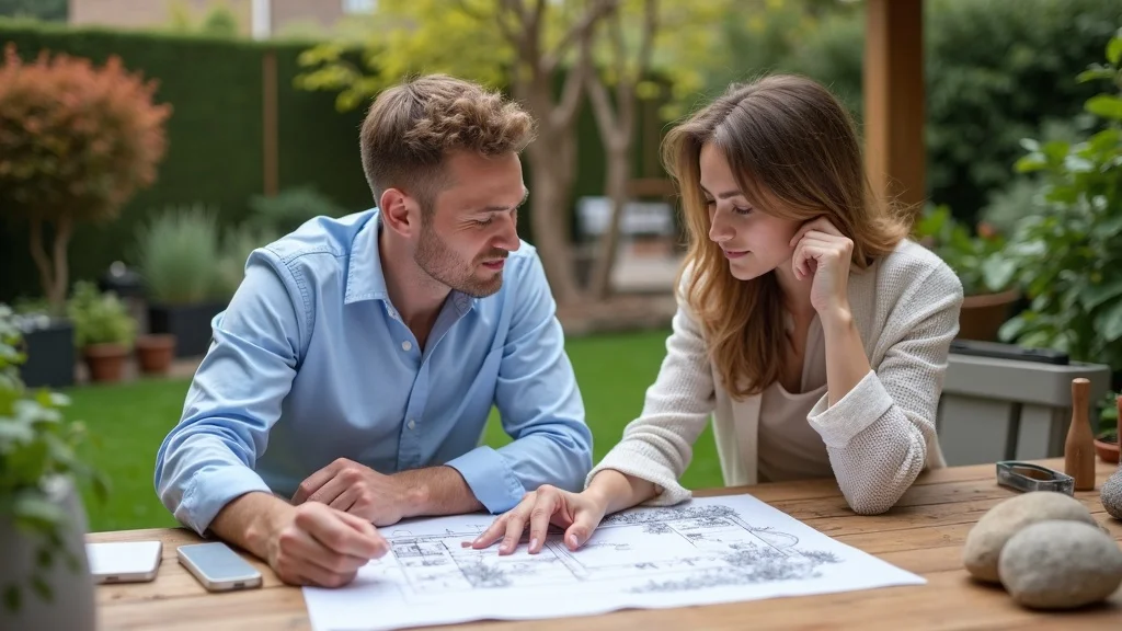 San Diego landscape contractor collaborating on a cost-effective garden design with clients, reviewing blueprints and plant samples