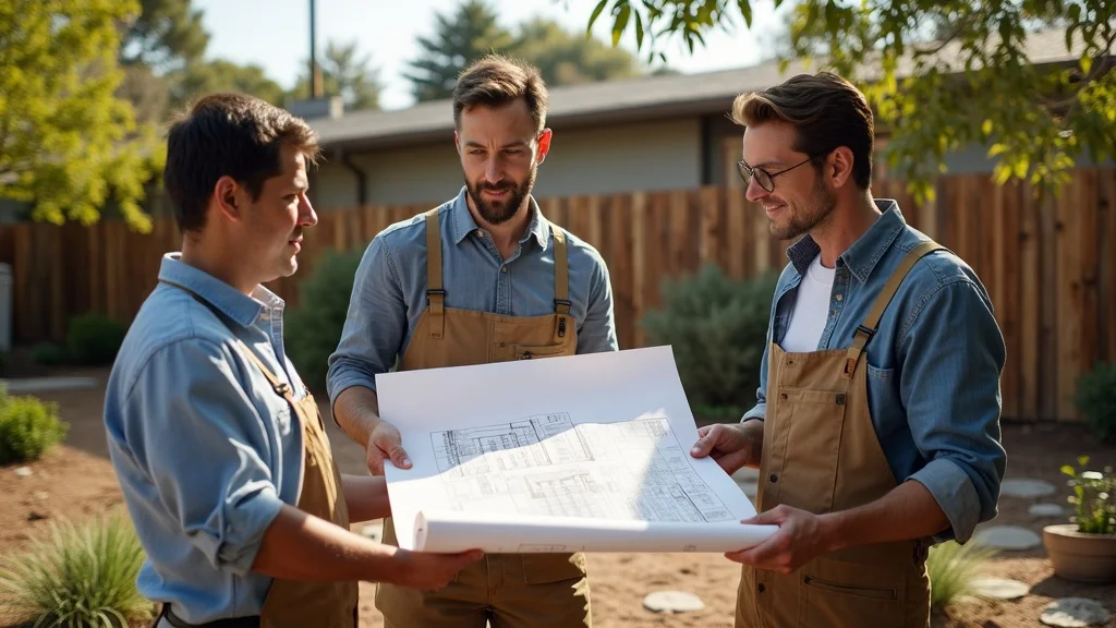 Professional landscape design team reviewing blueprints outdoors in a San Diego yard, native plants and hardscaping features, landscaping companies offering comprehensive services