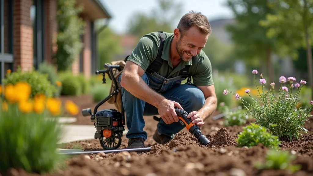 Expert San Diego landscape contractor installing plant beds and drip irrigation system in a commercial setting