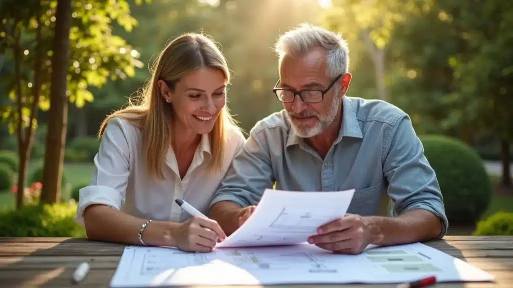 San Diego professional landscape designer consulting with client in lush outdoor living space