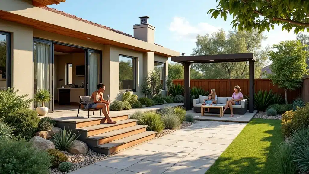 Joyful family relaxing on custom patio of a beautifully landscaped San Diego home front yard with drought-tolerant plants, designed by expert landscape contractor.