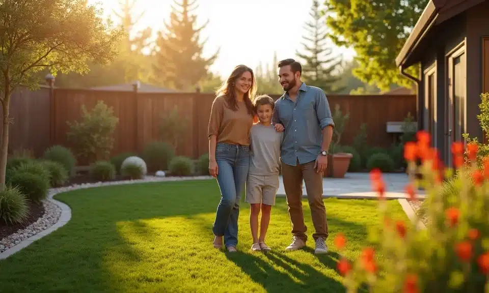 Landscape Contractor San Diego | Breceda Landscape Design & Build | Breceda Landscape Landscape Contractor San Diego | Breceda Landscape Design & Build A smiling family of three stands together on a green lawn in a sunny backyard, surrounded by trees and flowers, with a wooden fence and house visible in the background.