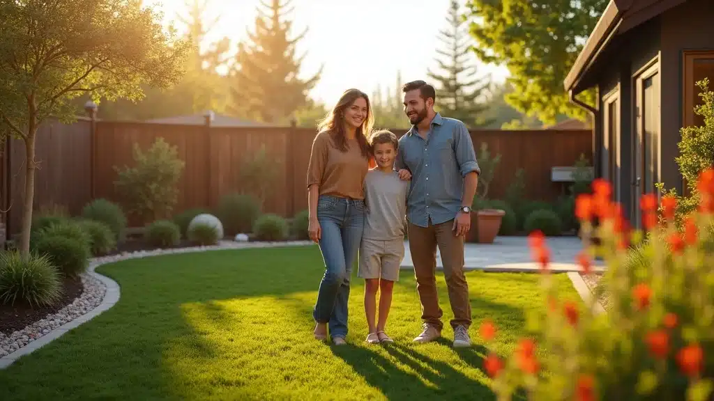 Vibrant San Diego residential backyard transformation with happy homeowners and lush new landscaping, fresh sod, blooming native plants, and modern patio designed by residential landscape contractors.