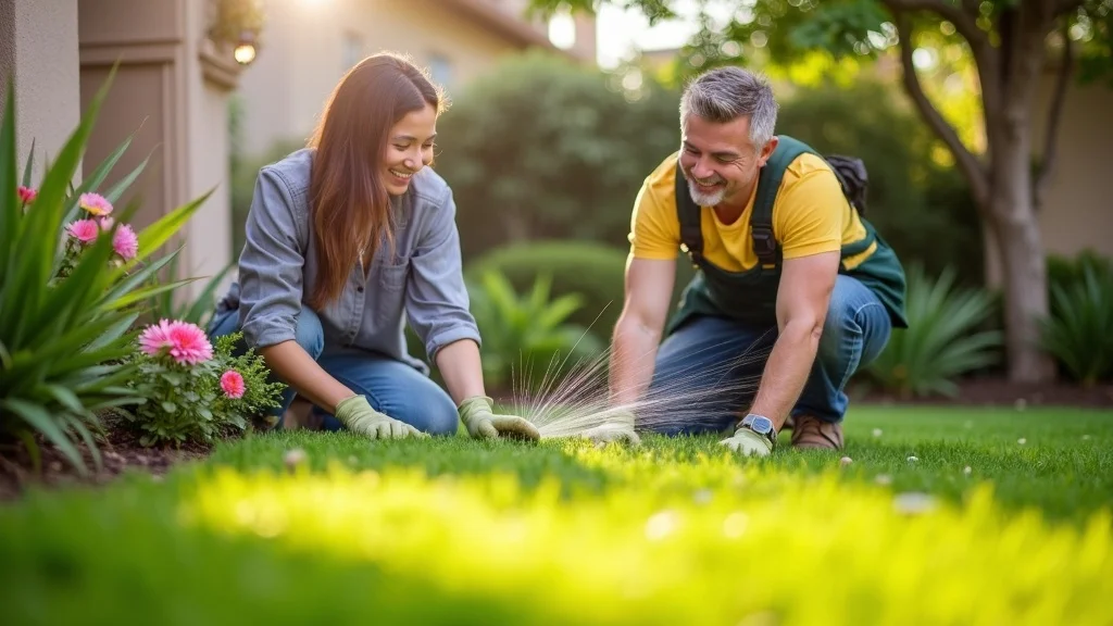 Satisfied homeowner observing local landscape contractor on a well-trimmed San Diego lawn, flowering shrubs, crisp lawn care and garden service by local landscaping companies