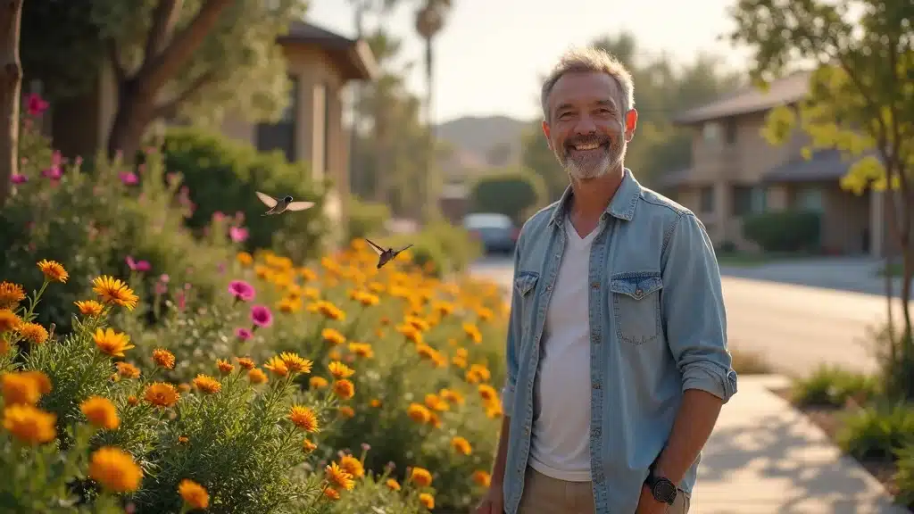 Eco-friendly San Diego front yard with native plants and solar landscape lighting designed by professional landscape designer