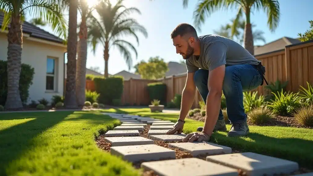 Modern landscape contractors installing sod and stone pavers in a spacious San Diego backyard with palm trees — landscape installation services action shot