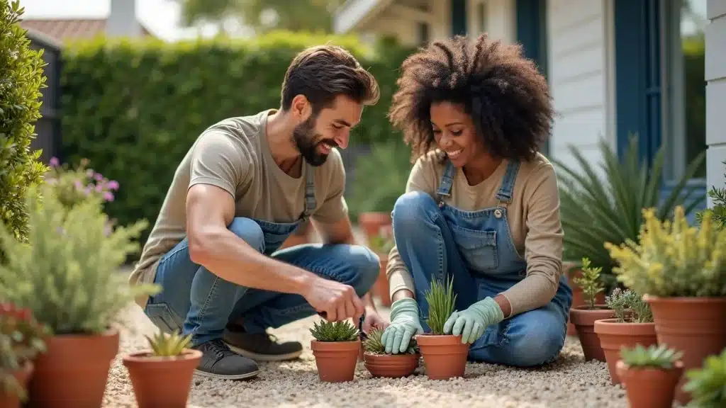 Creative DIY landscaping with affordable contractor arranging colorful budget potted plants and succulents in a compact San Diego patio.