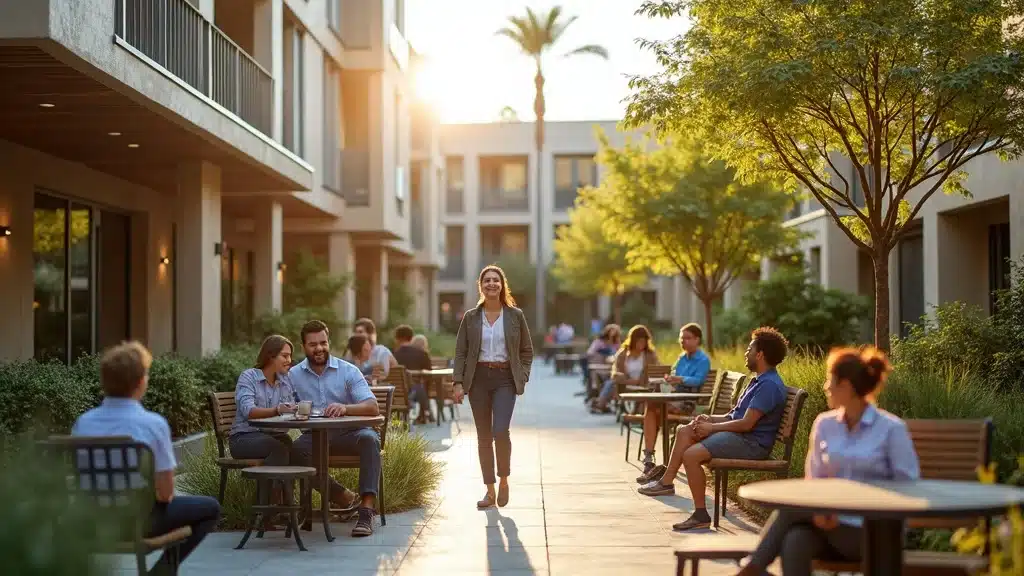 San Diego commercial property exterior with manicured landscaping, sustainable plants, and vibrant outdoor spaces