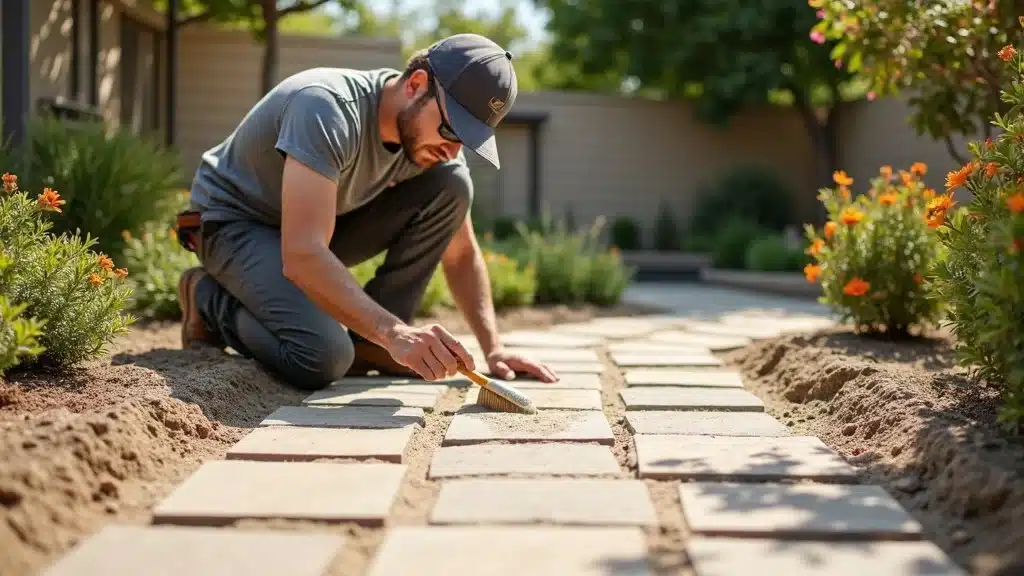 San Diego affordable landscape contractor installing cost-effective pavers for backyard hardscape project, surrounded by flowering shrubs and a trellis.
