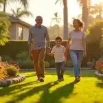 Transform Your Property with Commercial Landscaping Services in San Diego | Breceda Landscape Transform Your Property with Commercial Landscaping Services in San Diego A smiling family of three, two adults and a child, walk hand in hand along a lush, sunlit garden path lined with colorful flowers and palm trees, enjoying a warm, bright day together.