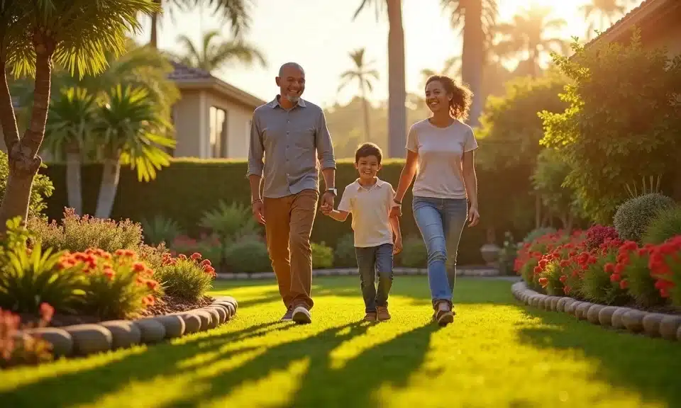 Meet Garden Landscaping Experts Who Revive Your Space in San Diego | Breceda Landscape Meet Garden Landscaping Experts Who Revive Your Space in San Diego A smiling family of three, two adults and a child, walk hand in hand along a lush, sunlit garden path lined with colorful flowers and palm trees, enjoying a warm, bright day together.