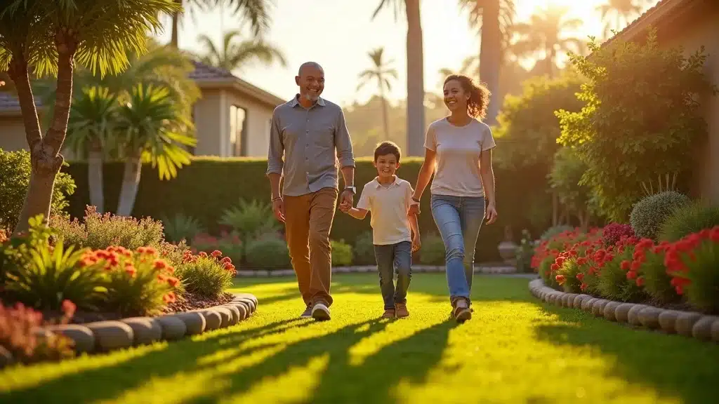 San Diego landscaping service: cheerful homeowners enjoy lush flower beds and manicured lawn, highlighting expert irrigation and native plants