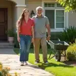 Fix Your Drainage and Erosion Control in San Diego CA Now | Breceda Landscape Fix Your Drainage and Erosion Control in San Diego CA Now A smiling woman and an older man walk on a stone path in a garden, with the man pushing a wheelbarrow. The garden is lush with green grass and blooming orange flowers near a house.