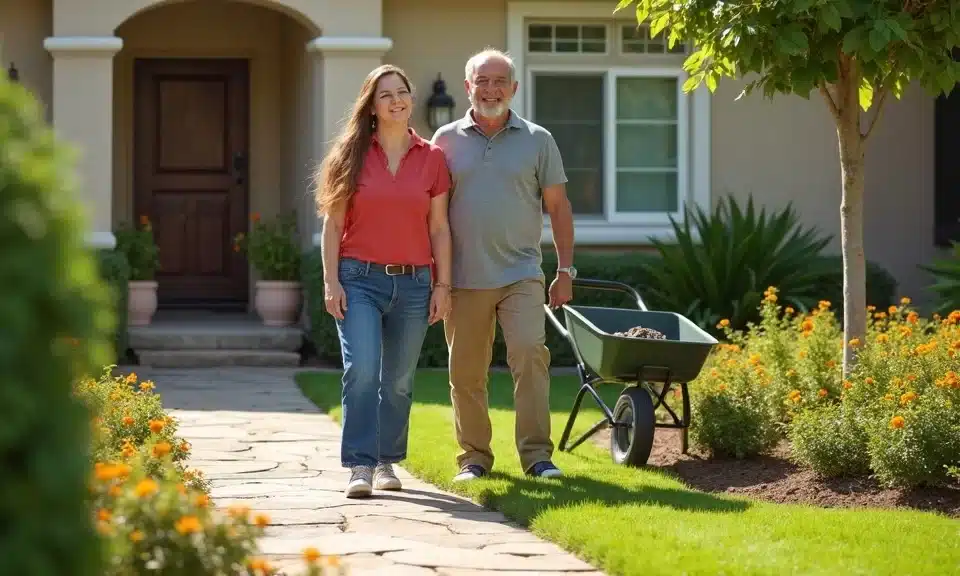 Landscape Contractor San Diego | Breceda Landscape Design & Build | Breceda Landscape Landscape Contractor San Diego | Breceda Landscape Design & Build A smiling woman and an older man walk on a stone path in a garden, with the man pushing a wheelbarrow. The garden is lush with green grass and blooming orange flowers near a house.