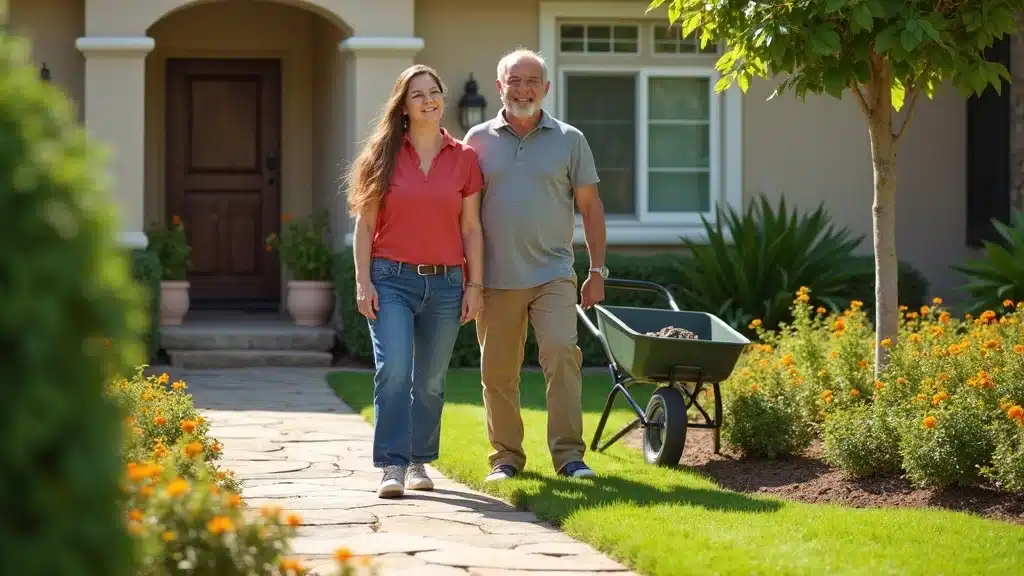 Vibrant new residential landscape with delighted homeowners and lush green grass in San Diego, featuring stone walkway, colorful flowerbeds, wheelbarrow, and gardening tools — landscape installation services