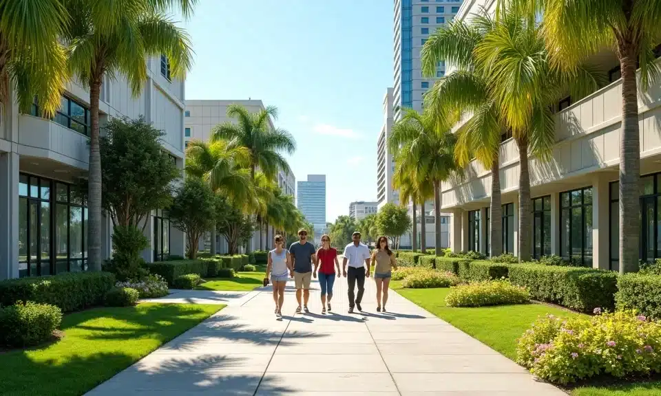 Landscape Contractor San Diego | Breceda Landscape Design & Build | Breceda Landscape Landscape Contractor San Diego | Breceda Landscape Design & Build A group of five people walk together on a sunny walkway lined with palm trees and modern office buildings, surrounded by well-kept green lawns and landscaped flowerbeds.