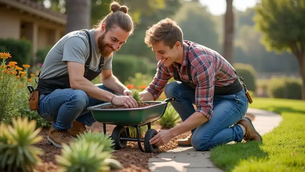 Affordable landscape contractor team planting succulents in a vibrant San Diego yard, focusing on quality landscaping services within budget.