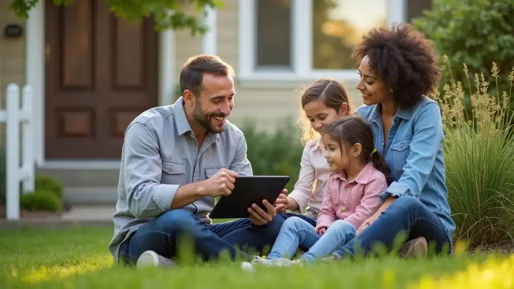 Friendly landscape contractor presenting affordable landscape design ideas to a San Diego family on their front yard, with native plants and well-manicured grass.