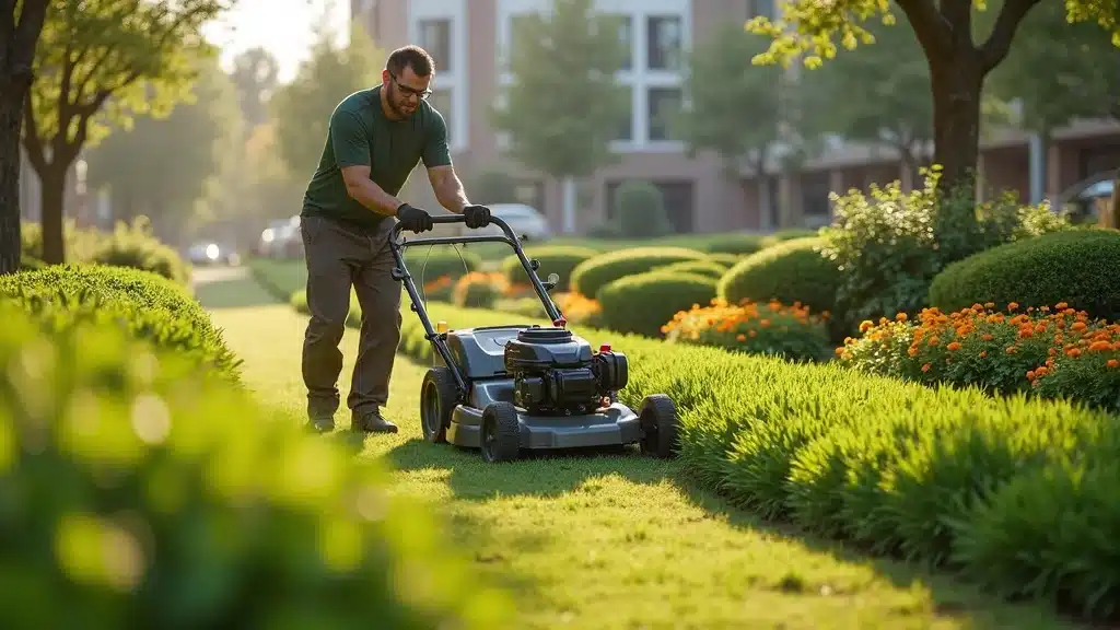 Professional landscaper performing landscape maintenance services on a San Diego commercial property