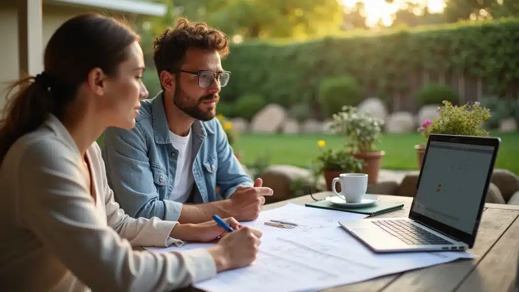 San Diego landscape contractor and homeowner reviewing cost estimates and blueprints for affordable landscaping services on a sun-dappled patio.