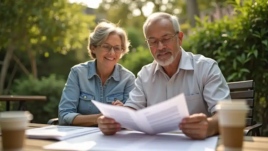 Confident homeowner reviewing landscaping proposals outdoors at a patio table surrounded by greenery — choosing a landscape contractor in San Diego