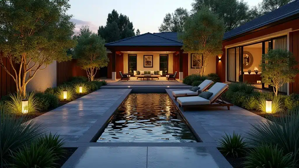 Lush contemporary landscaped backyard with water feature and ornamental grasses in upscale San Diego setting at sunset — completed landscape installation