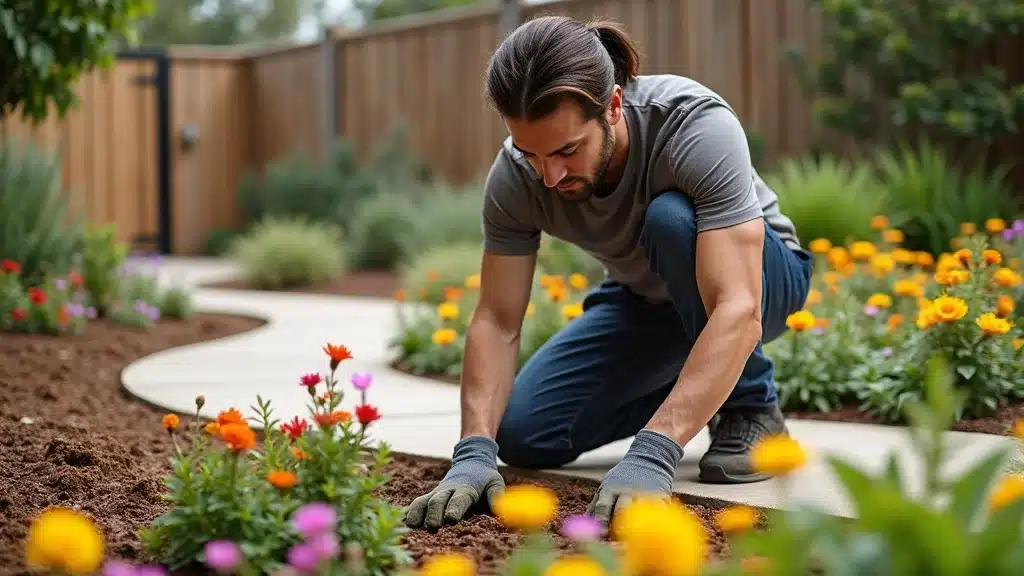San Diego landscape contractor planting vibrant flowers in a well-designed garden bed