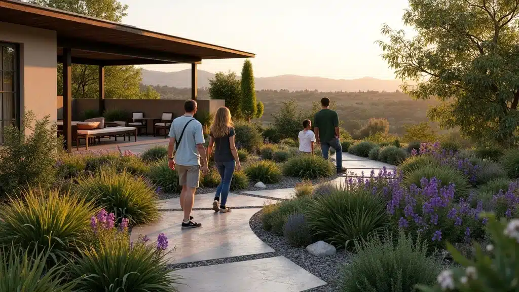 Award-winning San Diego landscape design with lush pathways, colorful flower beds, and modern hardscaping