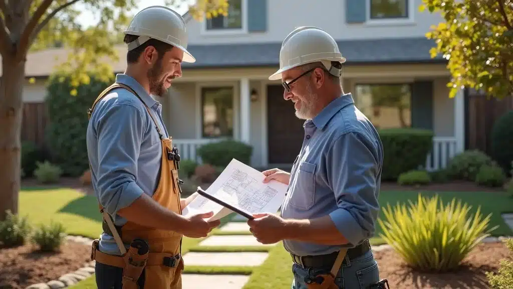 Landscape contractor and client reviewing blueprints for a San Diego garden landscaping service