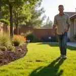 Fix Your Drainage and Erosion Control in San Diego CA Now | Breceda Landscape Fix Your Drainage and Erosion Control in San Diego CA Now A man in a casual shirt and jeans walks on a neatly mowed lawn in a sunny backyard garden, with plants, flowers, trees, and a house visible in the background.