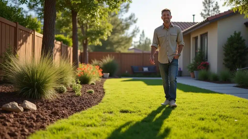 Affordable landscape contractors create vibrant San Diego residential landscaping with a cheerful homeowner enjoying freshly planted flowers, drought-tolerant plants, and mature trees on a lush green lawn.